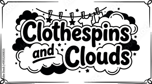 Clothesline clothes pins and clouds black and white vector art