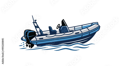 A blue and white rigid-hulled inflatable boat (RHIB) with an outboard motor is depicted in motion on blue waves against a white background.