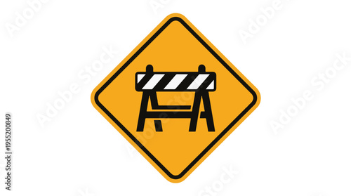 A yellow diamond-shaped warning sign with a black border, depicting a black and white striped barrier on a white background, indicating road construction ahead.
