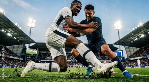 Intense Soccer Duel: Two Players Battling for Possession During a Match