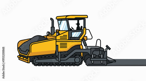 A yellow asphalt paver machine lays down a strip of black asphalt on a white background.