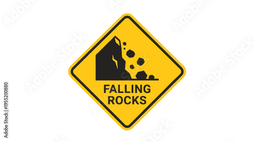 A yellow diamond warning sign with a black cliff silhouette and falling rocks, accompanied by FALLING ROCKS text, indicating a rockfall hazard.