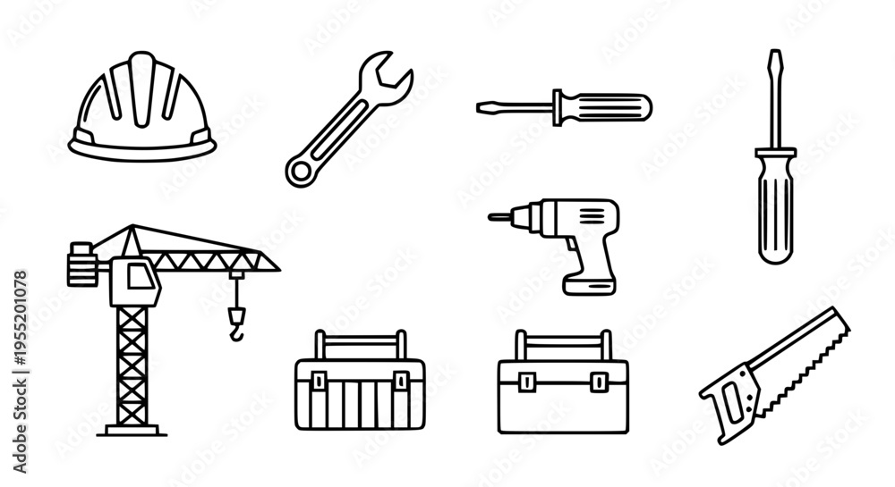 Fototapeta premium Collection of construction tools and equipment for building and repair work, including a hard hat, wrench, screwdrivers, crane, toolbox, drill, and saw