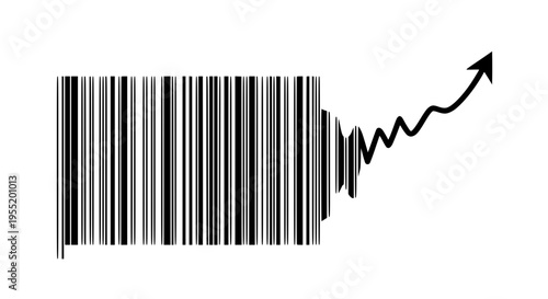 Conceptual illustration depicting a barcode transforming into an upward-curving arrow, symbolizing market growth, sales increase, and business progress in a minimalist graphic design