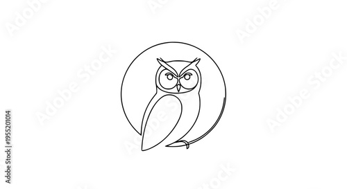 Minimalist line art illustration of a wise owl standing within a circular frame, embodying nature's nocturnal grace and intelligence in a sleek, modern design