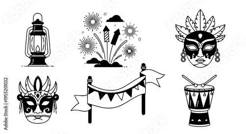 Dynamic Collection of Celebration and Festival Outline Icons Featuring Masks, Fireworks, and Traditional Party Elements