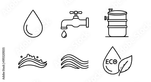 Set of icons representing water drop, tap, dispenser, waves, and eco-friendly leaf symbol for sustainability