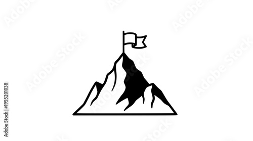 Minimalist line art illustration of a flag proudly planted at the pinnacle of a towering mountain, symbolizing achievement, ambition, success, and the accomplishment of reaching a challenging goal