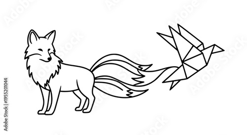 Enchanting mythical fox with gracefully flowing tails watches a delicate geometric origami bird taking flight, a harmonious blend of nature, magic, and creative imagination in elegant line art