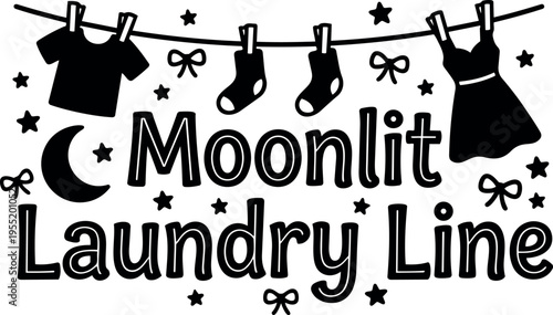 Black and white moonlit laundry line with hanging clothes and stars