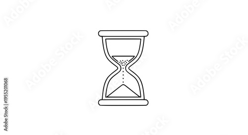 An hourglass, a symbol of the passage of time, stands starkly against a white background, representing a concept of duration and anticipation