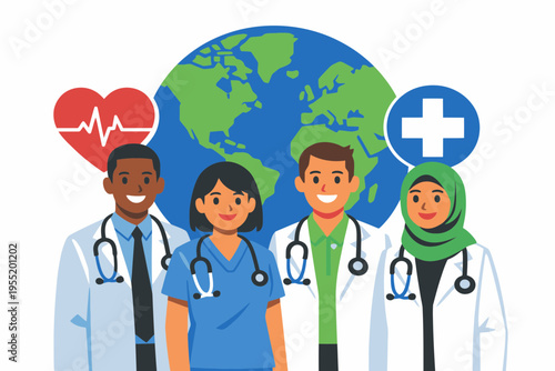 Flat Vector Illustration of Diverse Global Community Celebrating World Health Day with Medical Icons