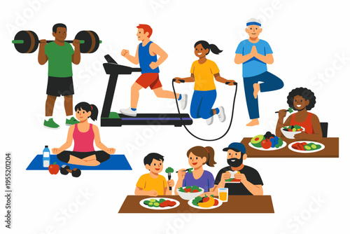 Vector Illustration of Children and Adults Promoting Healthy Living on World Health Day