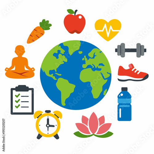 Vector Illustration of Healthy Lifestyle Icons Surrounding Earth for World Health Day