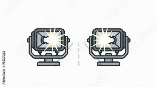 Two identical spotlights, facing each other and emitting bright beams of light, symbolize rivalry or direct comparison.