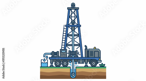 A blue drilling rig on a truck is actively boring into the ground to extract or explore for water. Water is shown being pumped and collected in a bucket.