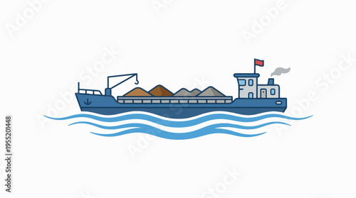 Cartoon illustration of a blue cargo ship, or barge, laden with piles of sand and gravel, sailing on water. It features a crane, a cabin with a flag, and smoke from a chimney.