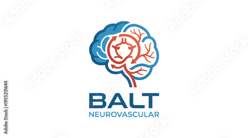 Logo of a human brain, half blue and half illustrating intricate red neurovascular structures with a circular flow pattern. Text BALT NEUROVASCULAR below.