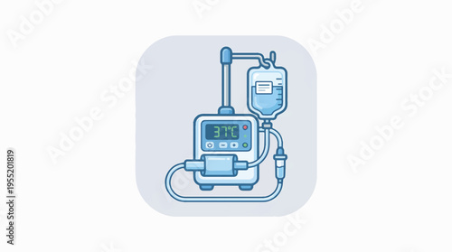 Medical infusion pump with a digital display showing temperature, connected to an IV bag via tubing.