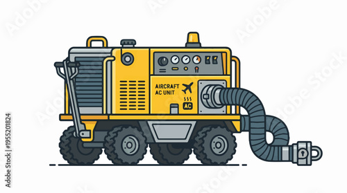 A yellow aircraft air conditioning unit on wheels, with a large hose connected, designed for airport use.