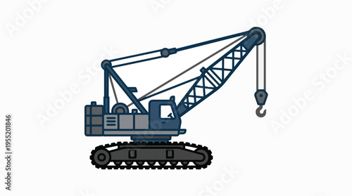 A flat design illustration of a blue and grey crawler crane, isolated on a white background, with a hook hanging from its boom.