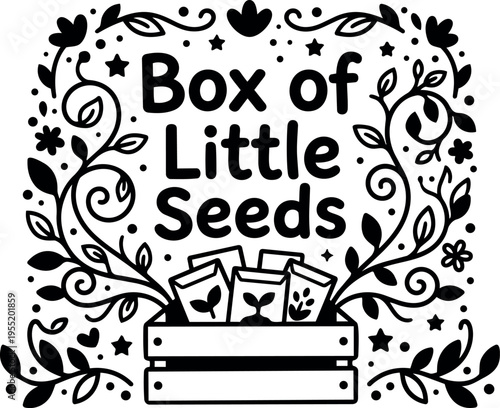 Box of little seeds with floral swirls and seed packets black and white vector art