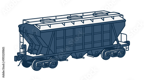 A stylized illustration of a dark blue, open-top hopper train car with a white frame, sitting on its wheels against a white background.