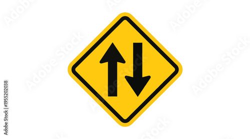 Diamond-shaped yellow road sign with black arrows pointing up and down, indicating two-way traffic.