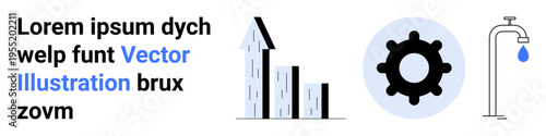 Business growth, industrial processes, resource management, workflow, sustainability, economy. Bar chart, gear symbol faucet with water droplet. Business growth and industrial processes concept