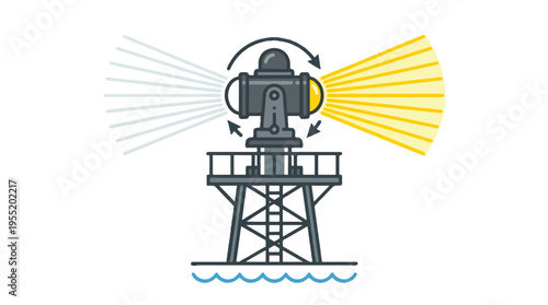 A rotating beacon atop a tower illuminates the sea with white and yellow light beams, signaling to ships.