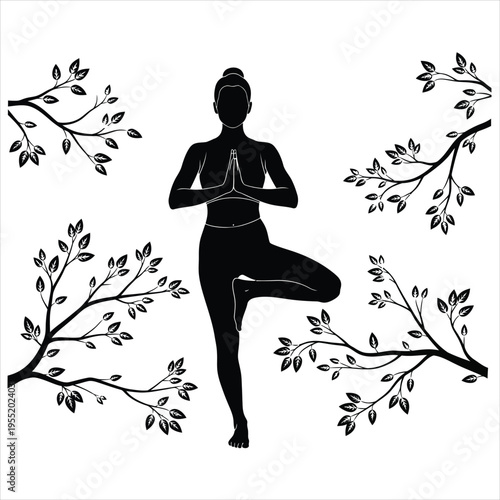 Vector yoga woman silhouette with tree branches