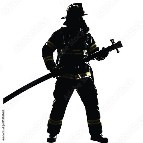 Firefighter silhouette vector with fire hose