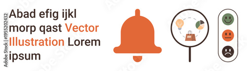 Productivity, communication, idea generation, notifications, feeling assessment, education tools. A bell, magnifier with icons and rating scale icons. Notifications and productivity concept