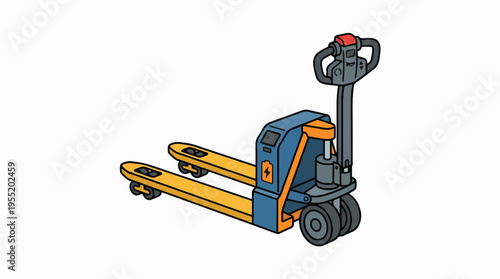 A simple, clean illustration of a yellow and blue electric pallet jack on a white background.