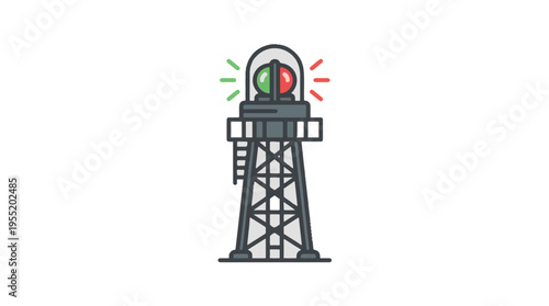 A nautical navigation marker, a tower with green and red lights, stands on a white background, indicating safe passage for ships.