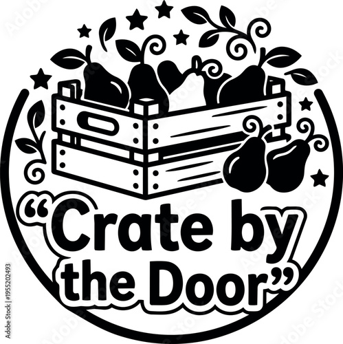 Black and white crate filled with pears with crate by the door text