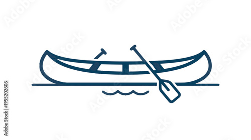 A minimalist blue line drawing depicts a canoe with a paddle resting inside, floating on gentle waves.