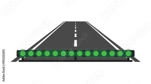 A road with white markings receding into the distance, fronted by a horizontal barrier of glowing green lights, signifying a clear path, open access, or a positive signal.