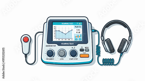 Audiometer with headphones and a patient response button, displaying a hearing test graph, frequency, level, and mode.