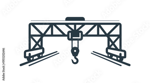 Minimalist black outline icon of a gantry crane with a hoist and hook, standing on parallel tracks, symbolizing heavy lifting and industrial operations.