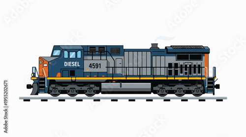 A side view illustration of a blue, orange, and grey diesel locomotive with number 4591 on train tracks, featuring a simple flat design on a white background.