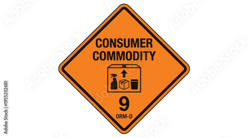 An orange diamond-shaped hazard label for consumer commodities, featuring CONSUMER COMMODITY text, an icon of a box with household items, 9, and ORM-D.