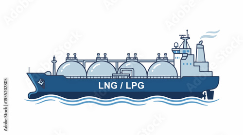 Cartoon illustration of an LNG/LPG carrier ship with four prominent spherical tanks on deck, sailing on waves. The blue vessel features a white superstructure and a smoking funnel.
