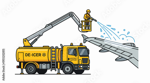 An illustration shows a yellow de-icer truck with a boom lift. A worker sprays de-icing fluid onto an airplane wing to remove ice, performing essential aircraft ground support.