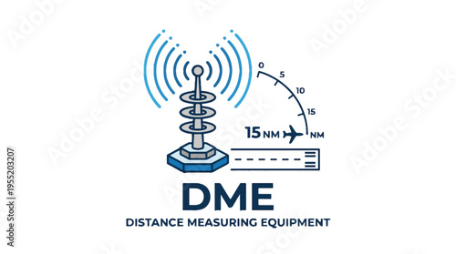 Illustration of Distance Measuring Equipment (DME) showing an antenna transmitting signals to an aircraft, indicating a 15 nautical mile measurement from a runway. Represents aviation naviga