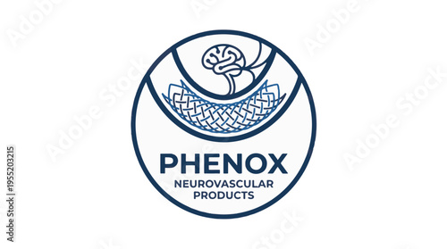 A circular blue and white logo for Phenox Neurovascular Products, featuring a stylized brain, blood vessel, and a medical stent on a white background.