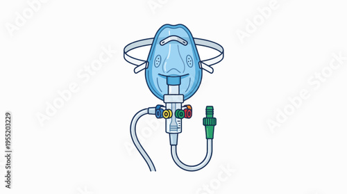 A cartoon-style illustration of a blue medical oxygen mask with a reservoir bag, tubing, and flow control valves, set against a white background for respiratory support.