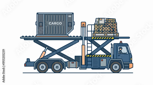 Illustration of an airport cargo loader truck with a raised platform carrying a large 'CARGO' container and a netted pallet, operated by a driver, on a white background.