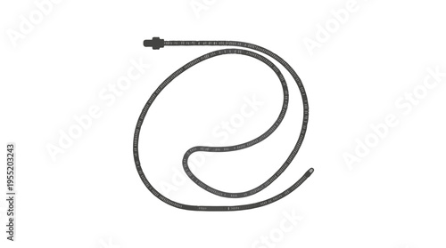 A dark grey flexible hose or cable, coiled into an irregular shape, with a connector on one end and a metal tip on the other, isolated on a white background.