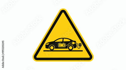 A yellow warning triangle with a black border contains a black silhouette of an electric car being charged, indicating an EV charging station or related caution.